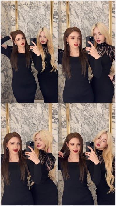 Elina Karimova nude posing with her you blonde sister. Hot sisters Karimova for you in black tight dress.