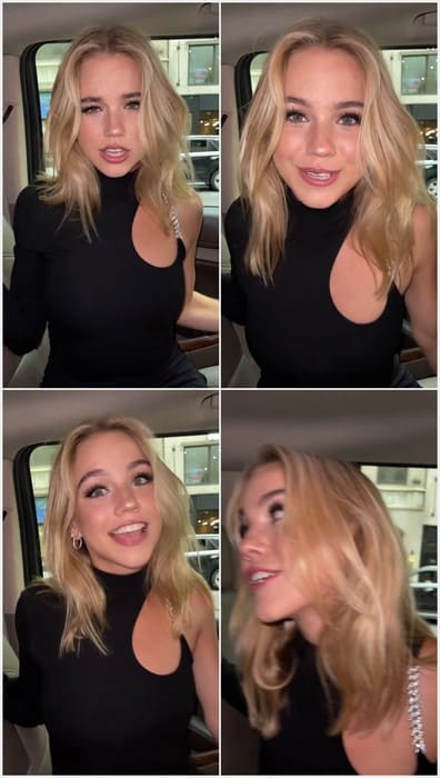 Emma Brooks Mcallister sexy blonde tiktok girl and instagram star - posing in black tight hot dress and waiting her boyfriend.