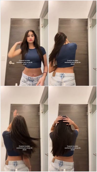 Valeria de Leon latina model in toilet in tight jeans, she have hot face and hot legs. Young tiktok babe for you. Exclusive!