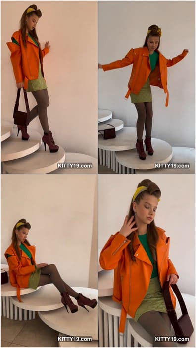 Maria Talanova fashion young and teen model in green tight dress.