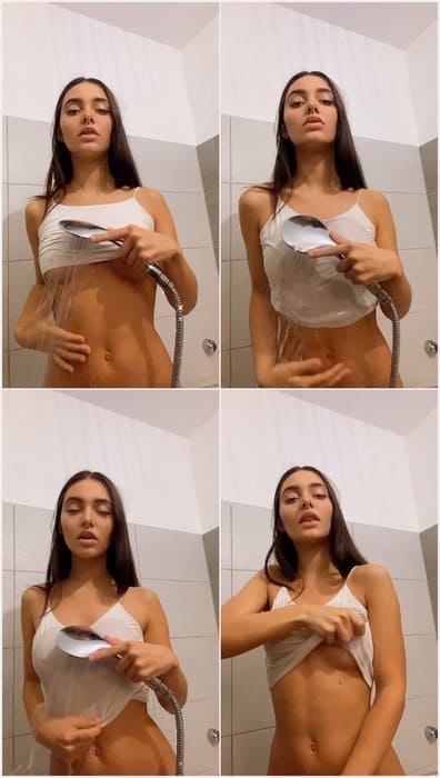 Nacre Victoire OF girl naked in shower. Young brunette touch her pussy and show boobs.