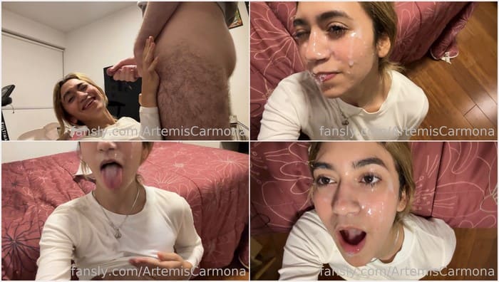 Artemis Carmona sucking sugardaddy fat dick and get massive cam on face. She get a lot of money and cum on lips. Slut!