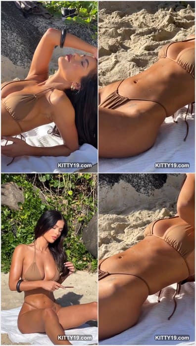 Crystal Bellotti nude brunette model and instagram star on the beach, she posing in mini bikini and show her pussy lips in panties.