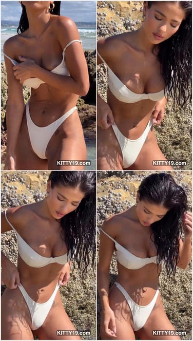 Crystal Bellotti in white bikini posing on the beach and show her pussy hot lips. Sexy brunette onlyfans star and hot pussy!