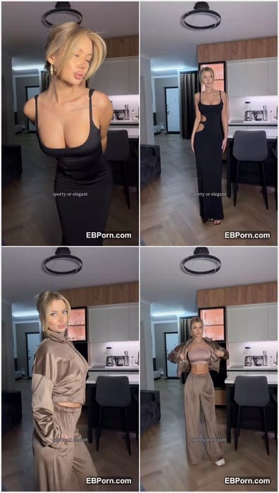 Borommaa topless blonde show her tits in black dress without bra. Adorable woman with hot pussy and tight asshole after gym and shower